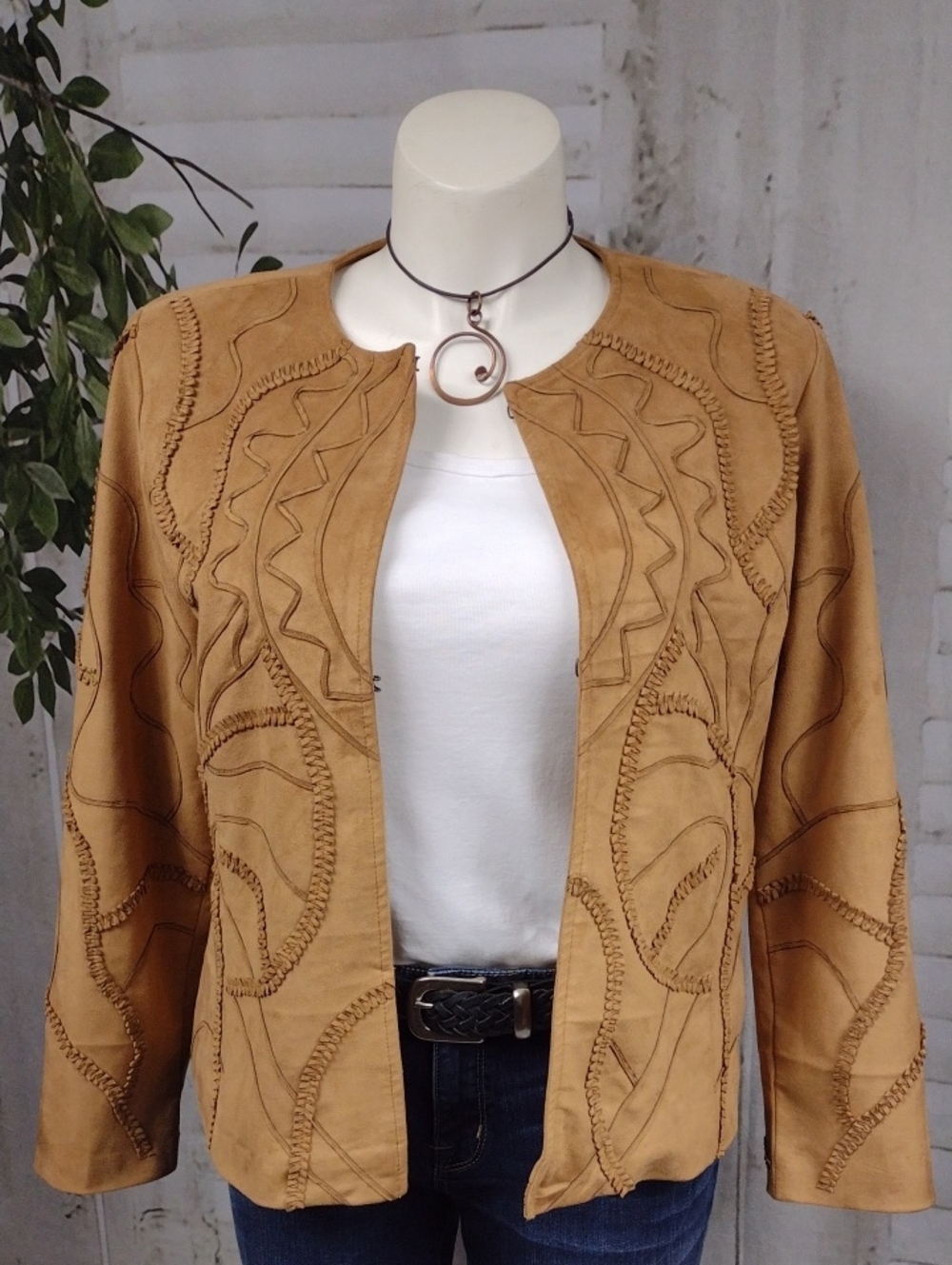 Chico's Tan Suede Open Front Jacket with Stitched Appliqué Size M